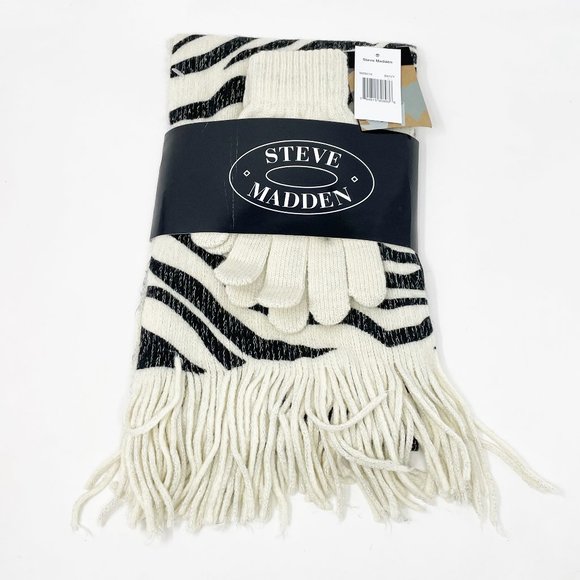 Steve Madden Womens Ivory & Black Zebra Scarf and Gloves One Size NEW With Tag - Picture 1 of 5